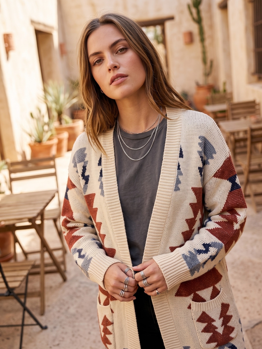 L Love Southwestern Aztec Knit Cardigan Boho Western Oversized Cottagecore Grand